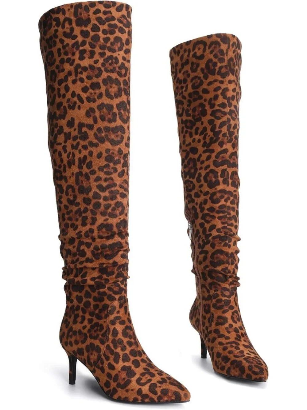 Women's Leopard Pointed Toe Mid Stiletto Heel Suede Leather Over The Knee Boots